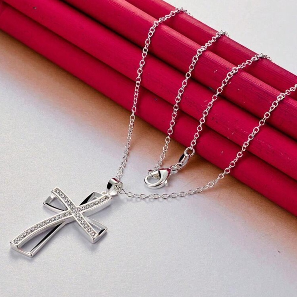 Silver Plated Cubic Zirconia Cross Pendant Necklace - Picture 2 of 4